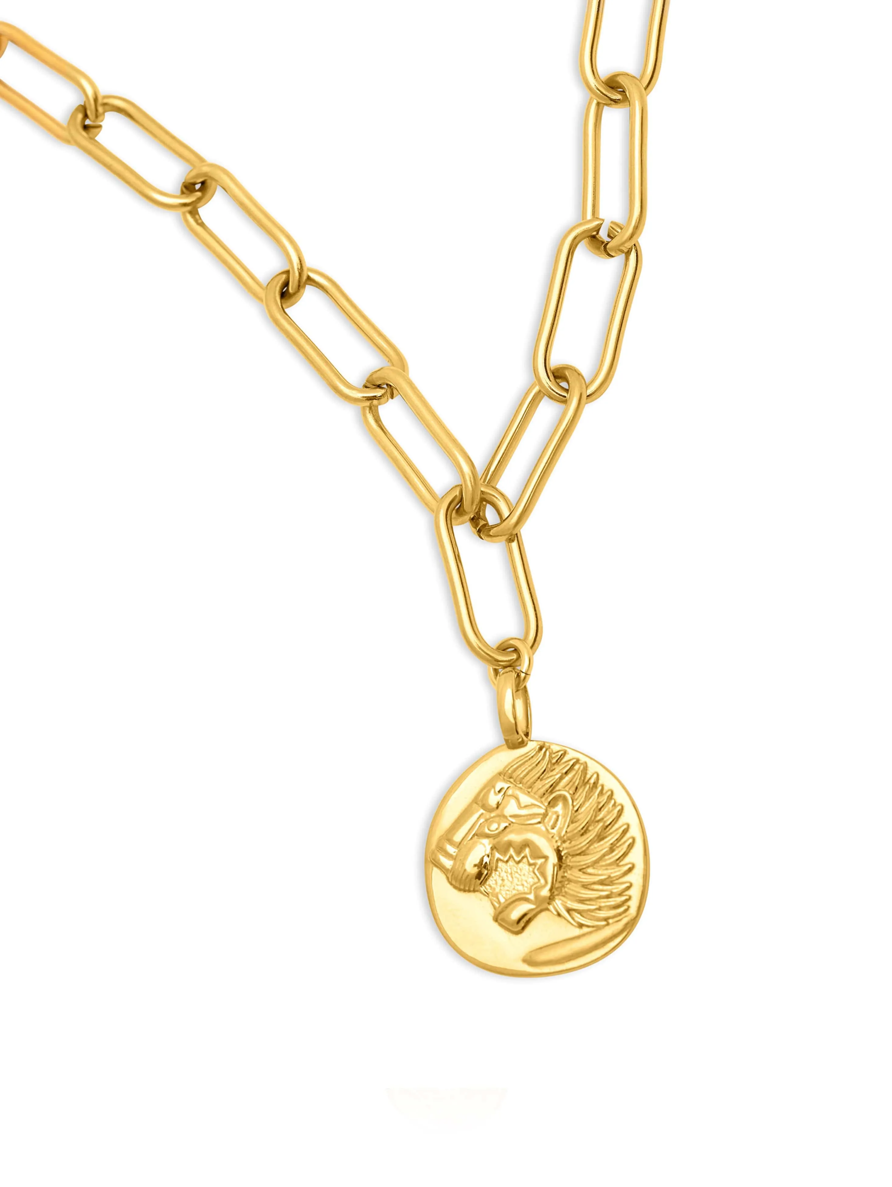 Men's Gold Paperclip Chain with Lion Coin