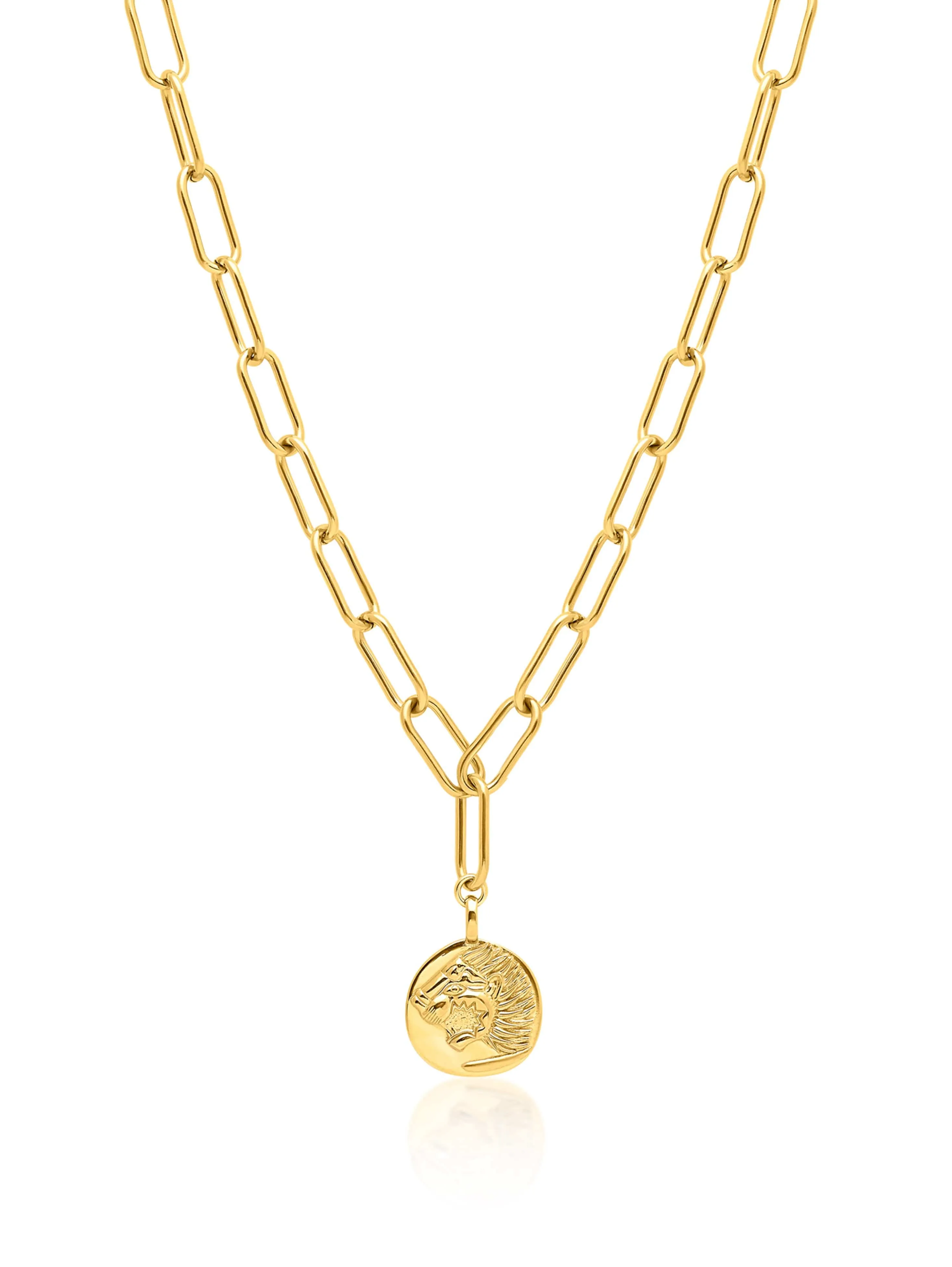 Men's Gold Paperclip Chain with Lion Coin