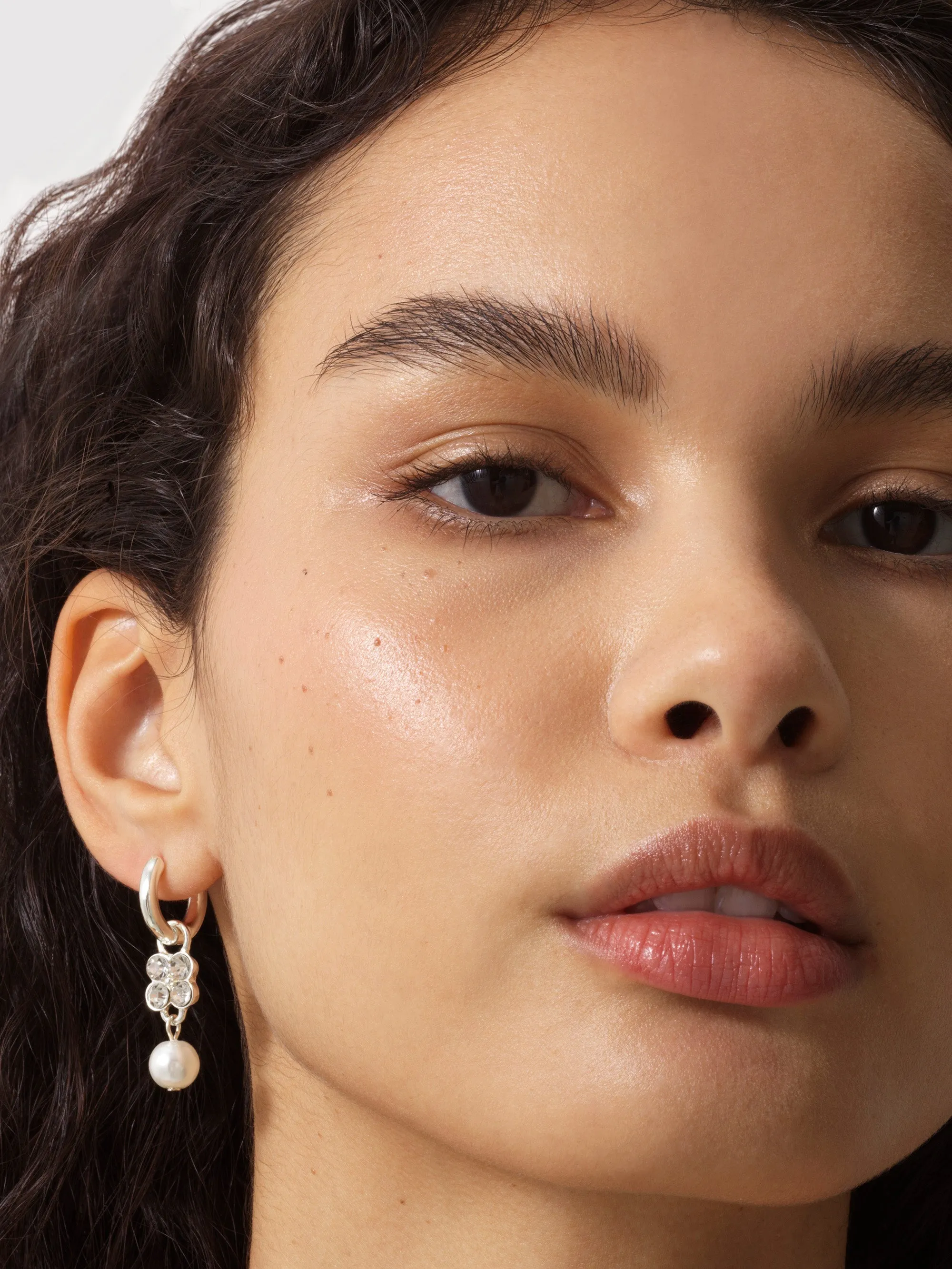 Pearl & Diamante Flower Huggie Hoop Earrings