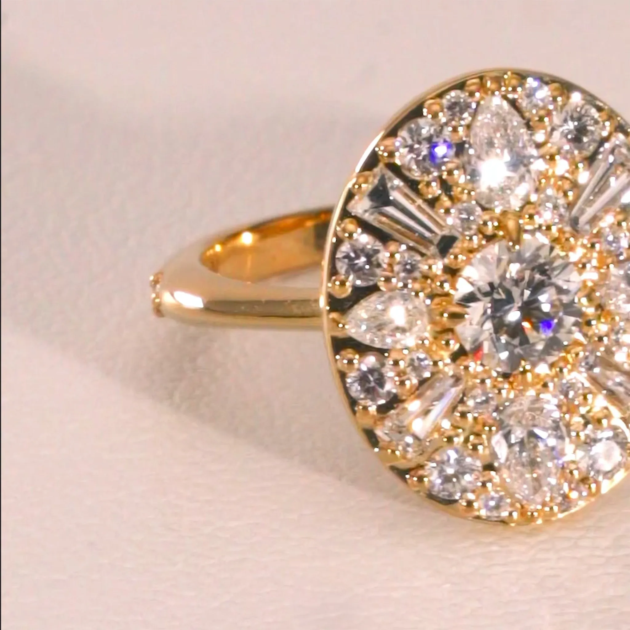 "Points North" Diamond Ring with Round, Baguette and Pear Shape Diamonds