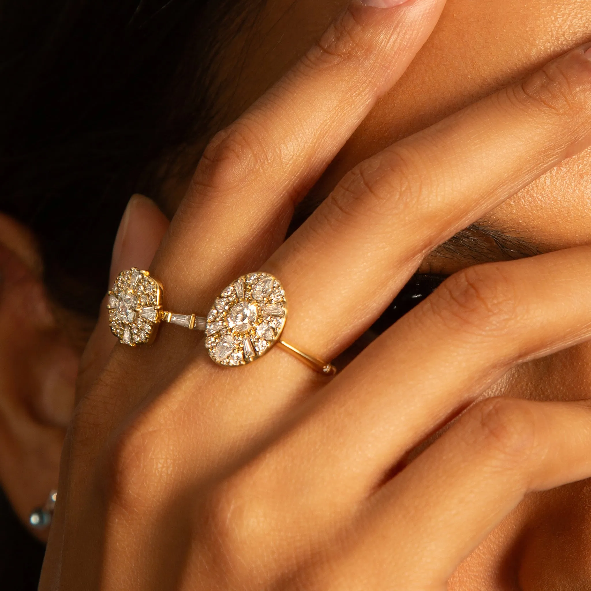 "Points North" Diamond Ring with Round, Baguette and Pear Shape Diamonds