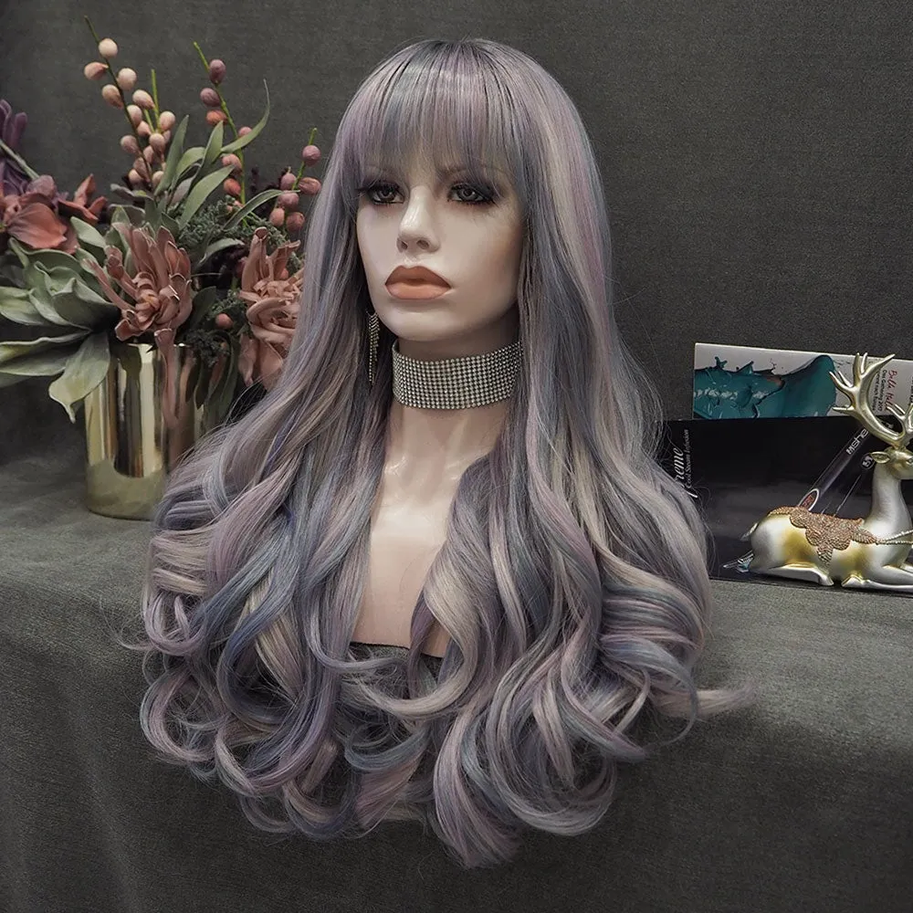 Siren - Low Key Gray Blue Long Wavy Synthetic Wig with Bangs