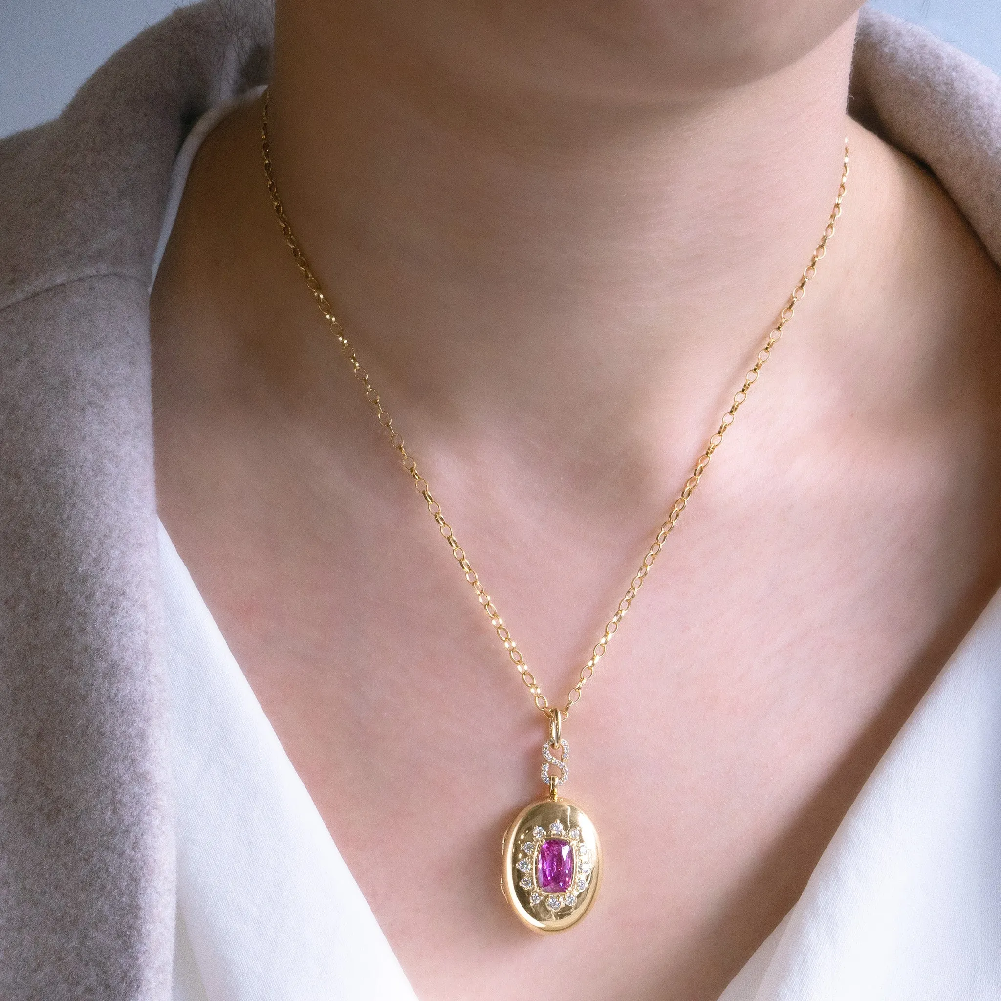 Special Edition Cushion Cut Pink Sapphire and Diamond Oval Locket