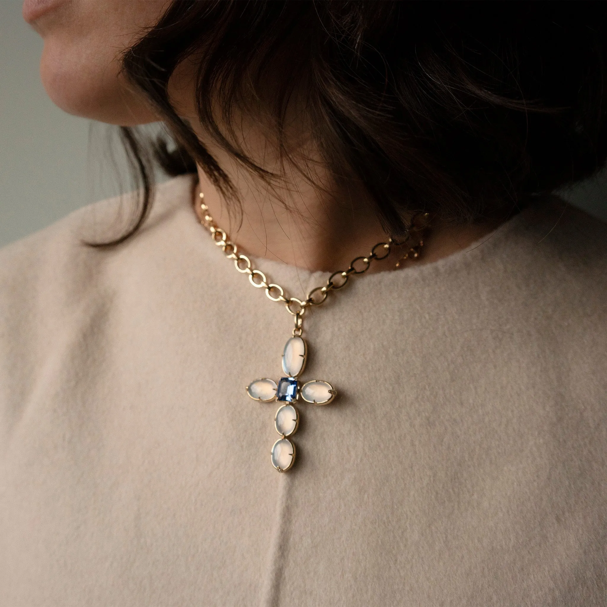 Special Edition Moonstone and Diamond Cross with Center Blue Sapphire