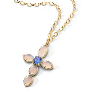 Special Edition Moonstone and Diamond Cross with Center Blue Sapphire