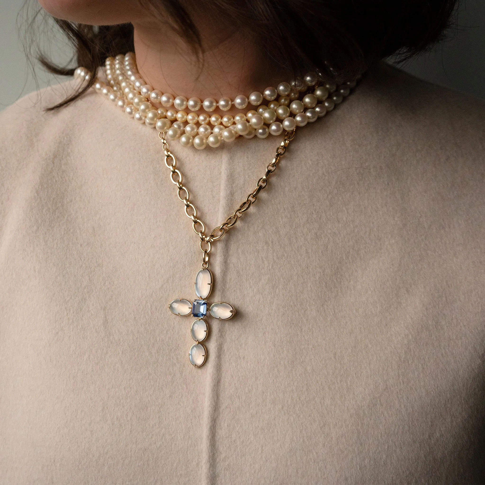Special Edition Moonstone and Diamond Cross with Center Blue Sapphire