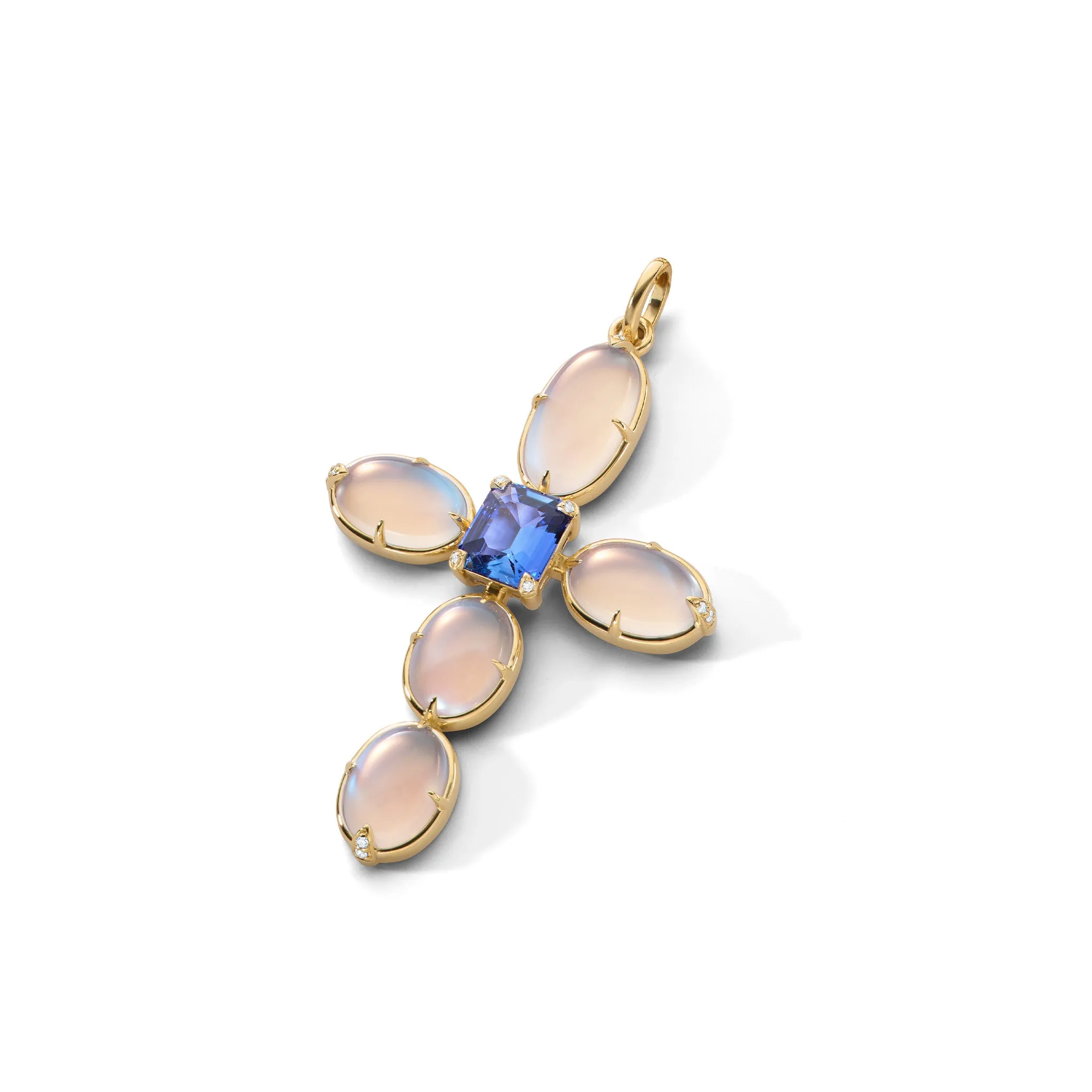 Special Edition Moonstone and Diamond Cross with Center Blue Sapphire