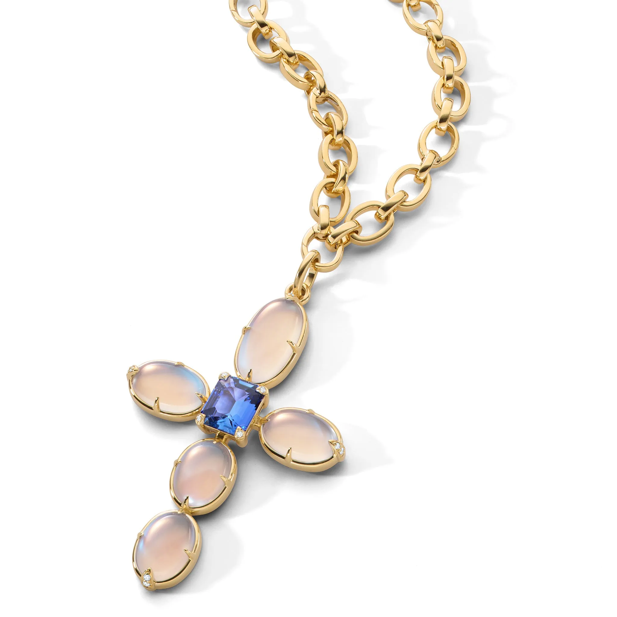 Special Edition Moonstone and Diamond Cross with Center Blue Sapphire