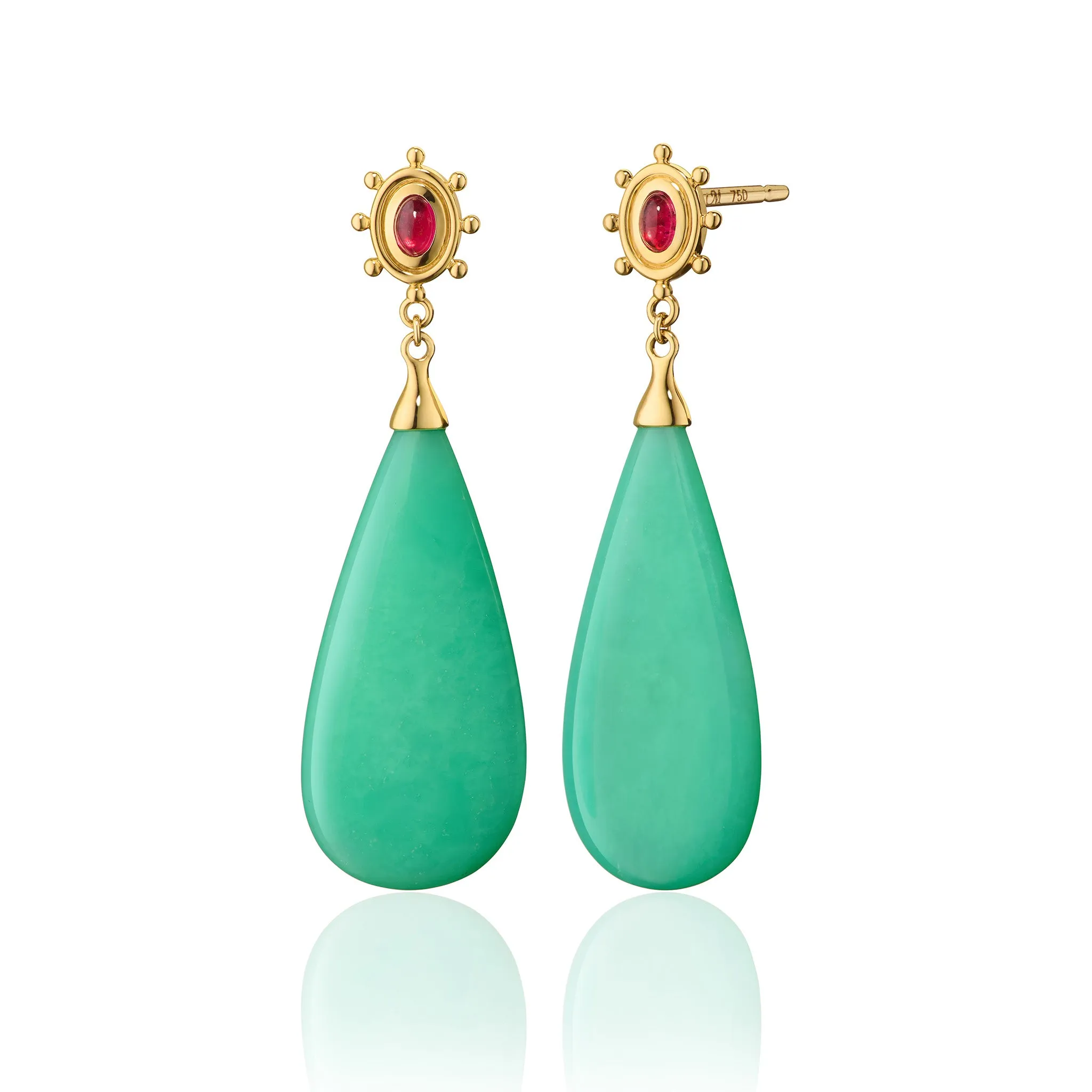 Special Edition "Spiral Galaxy" Chrysoprase Drop Earrings with Pink Tourmaline