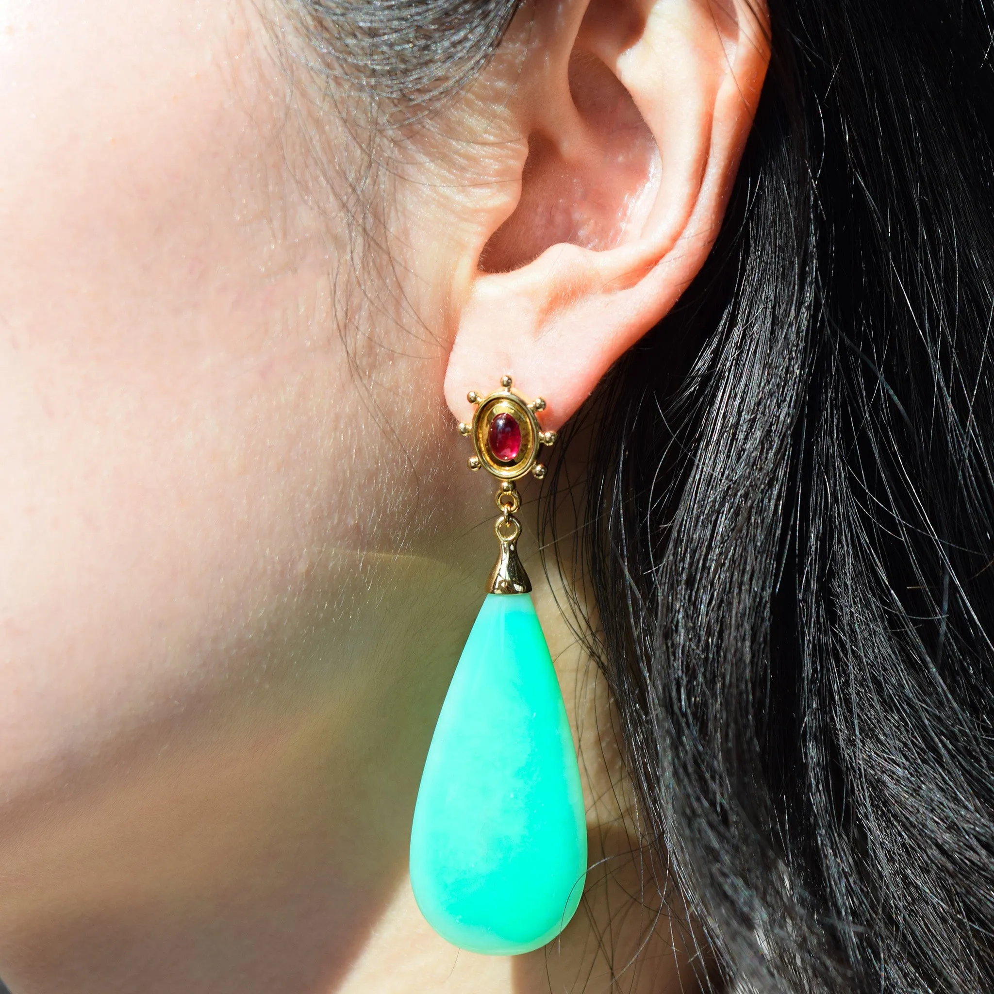 Special Edition "Spiral Galaxy" Chrysoprase Drop Earrings with Pink Tourmaline