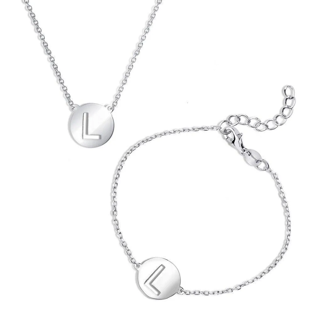 Sterling Silver Cut-Out Shiny L Disc Initial Bracelet & Necklace Set