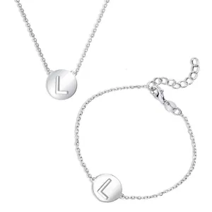 Sterling Silver Cut-Out Shiny L Disc Initial Bracelet & Necklace Set