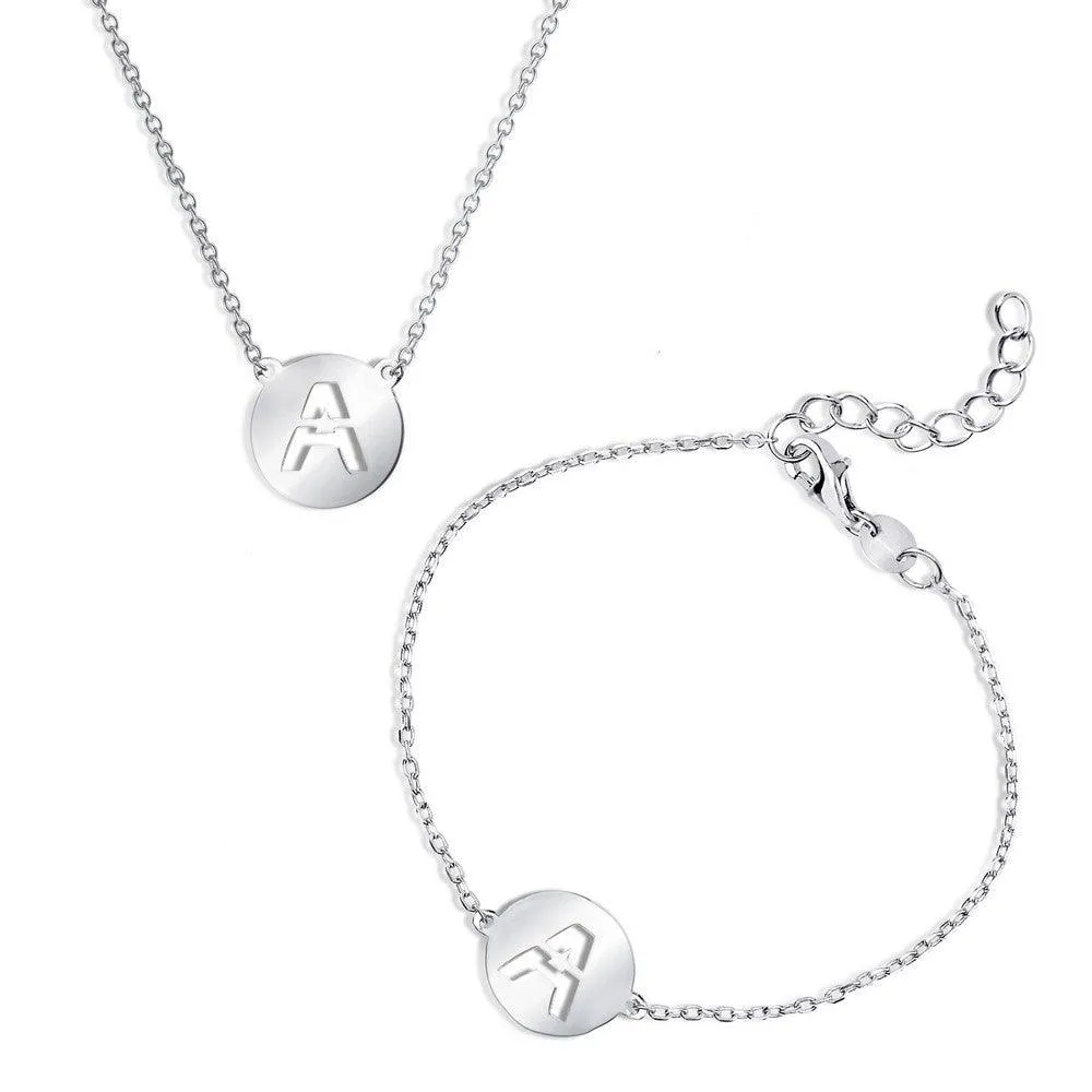 Sterling Silver Shiny 'A' Disc Initial Bracelet and Necklace Set