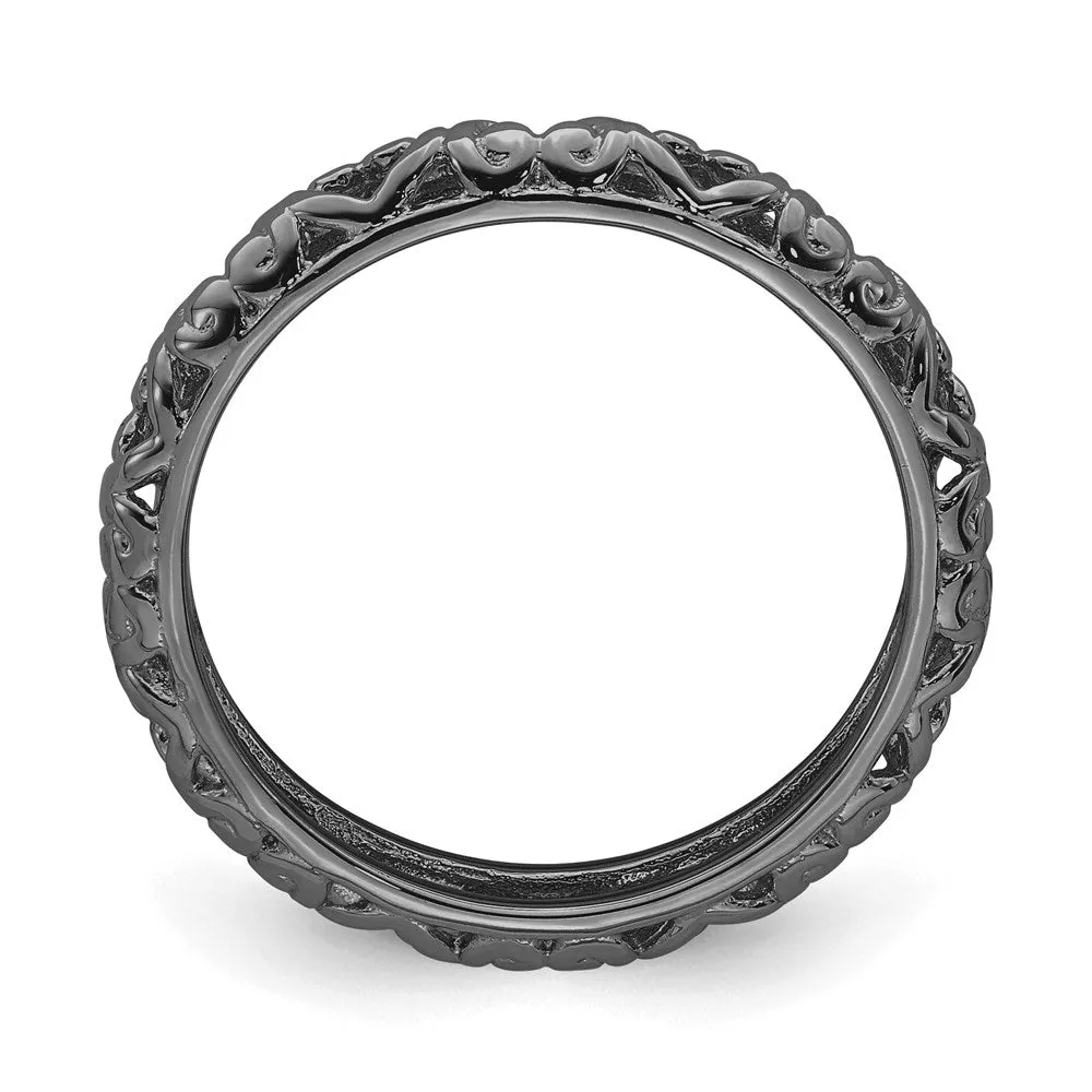 Sterling Silver Stackable Expressions Black-plated Carved Ring | QSK1612