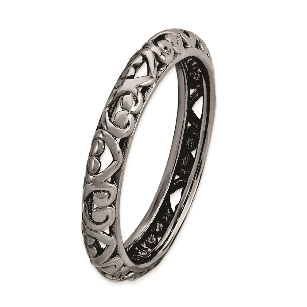 Sterling Silver Stackable Expressions Black-plated Carved Ring | QSK1612
