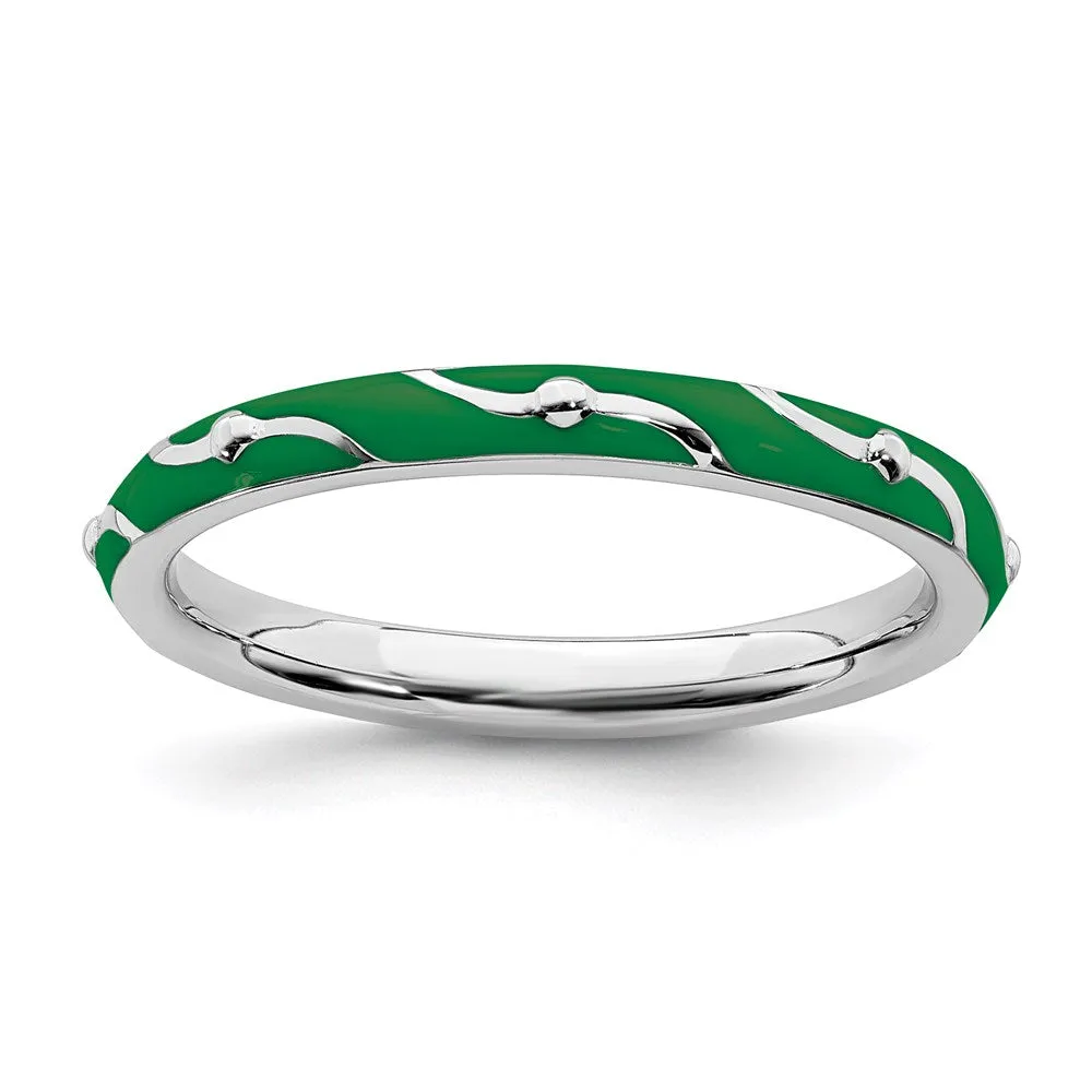 Sterling Silver Stackable Expressions Green Enamel Ring | QSK1501