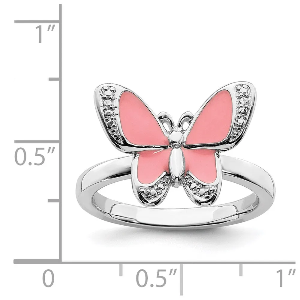 Sterling Silver Stackable Expressions Pink Enamel Butterfly Ring | QSK1543