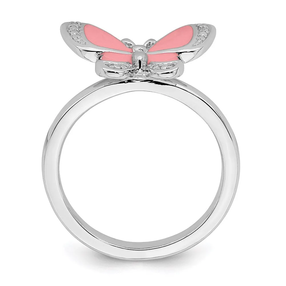 Sterling Silver Stackable Expressions Pink Enamel Butterfly Ring | QSK1543