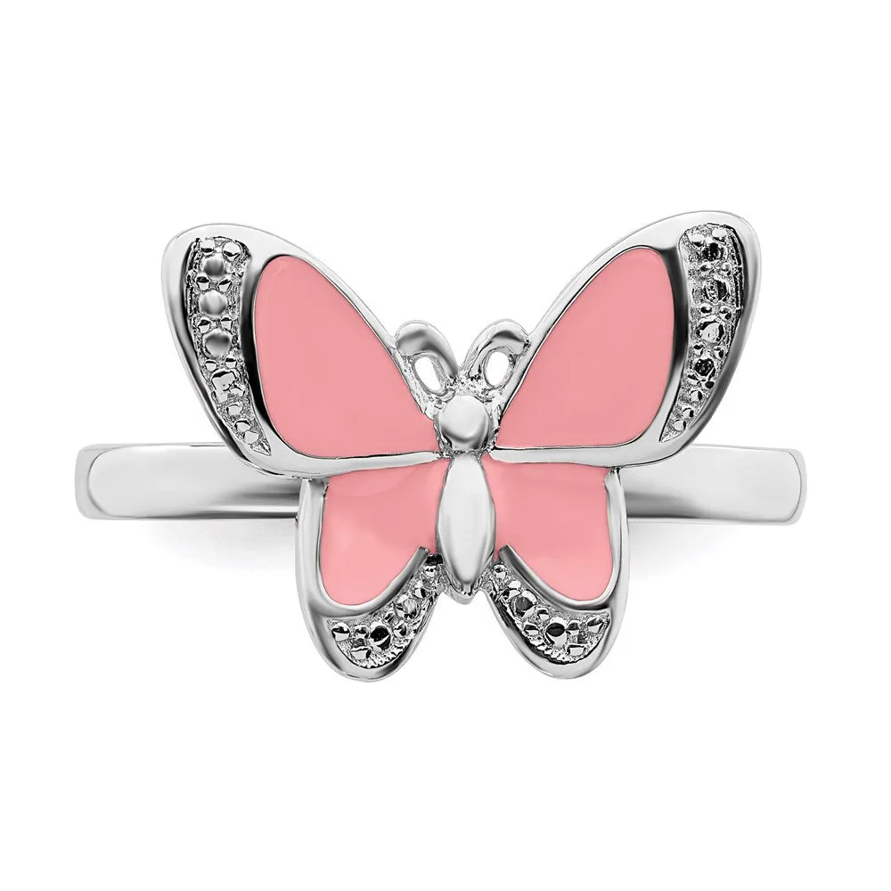 Sterling Silver Stackable Expressions Pink Enamel Butterfly Ring | QSK1543