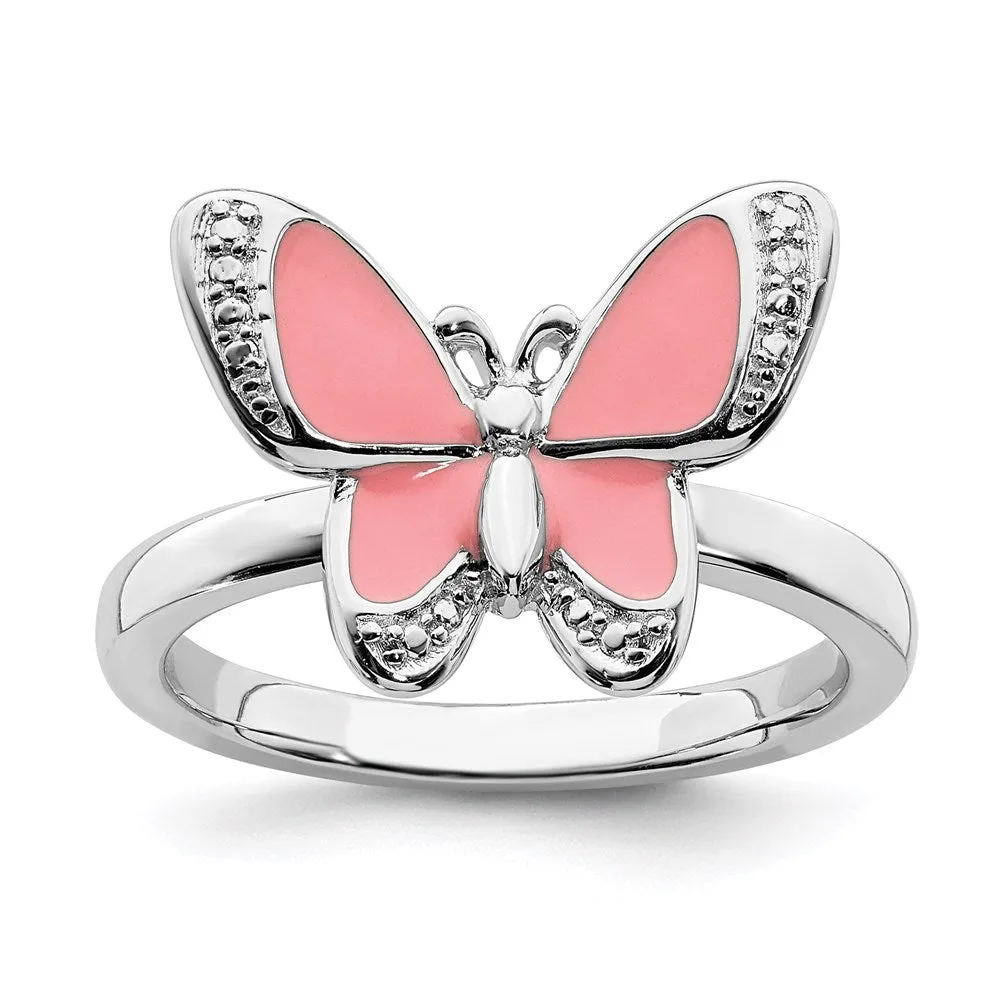 Sterling Silver Stackable Expressions Pink Enamel Butterfly Ring | QSK1543