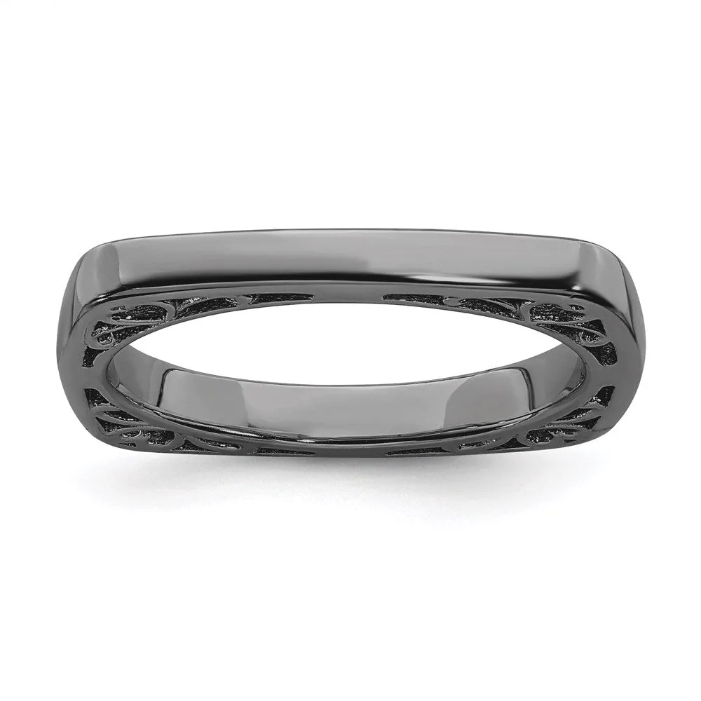 Sterling Silver Stackable Expressions Polished Black-plated Square Ring | QSK778