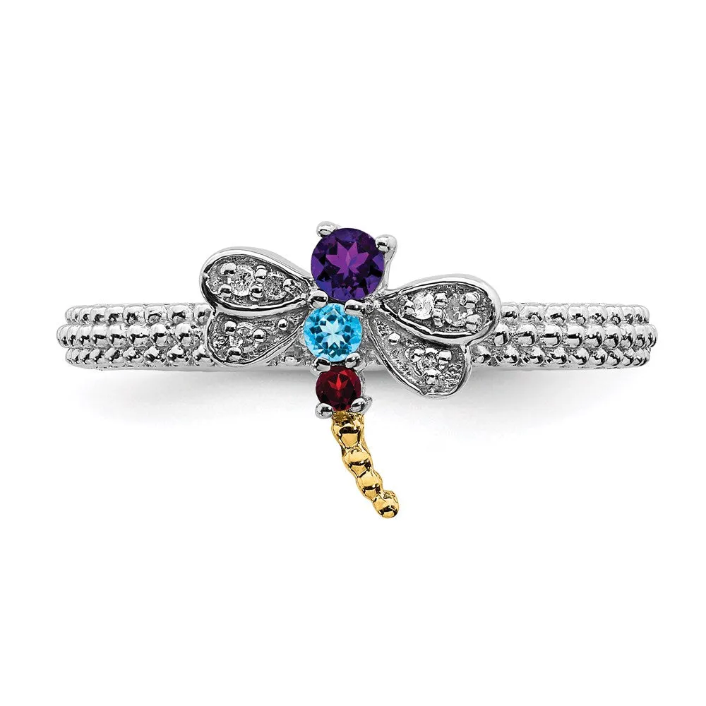 Sterling Silver&14k Stackable Expressions Gemstone & Diamond Dragonfly Ring | QSK912
