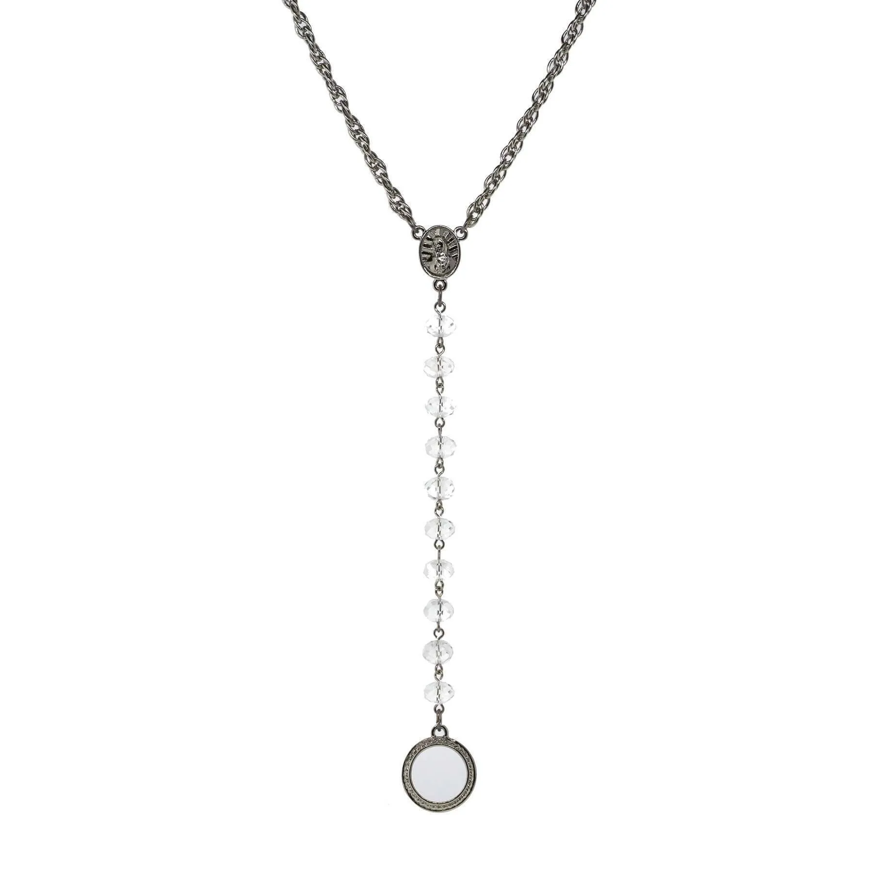 Symbols Of Faith Mary Medallion Crystal Rosary Badge And Eyeglass Holder Y-Necklace 16"   3" Extender
