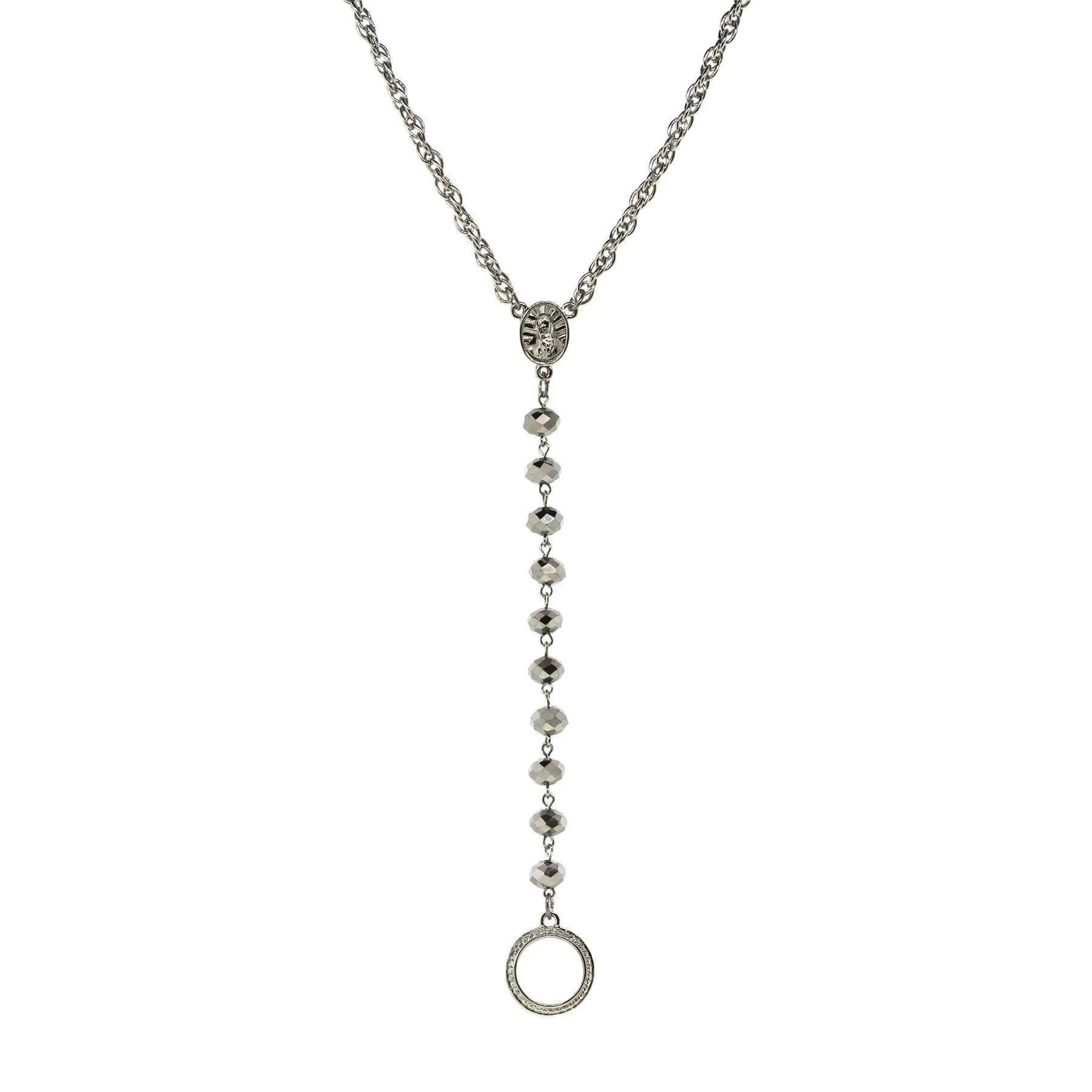 Symbols Of Faith Mary Medallion Crystal Rosary Badge And Eyeglass Holder Y-Necklace 16"   3" Extender