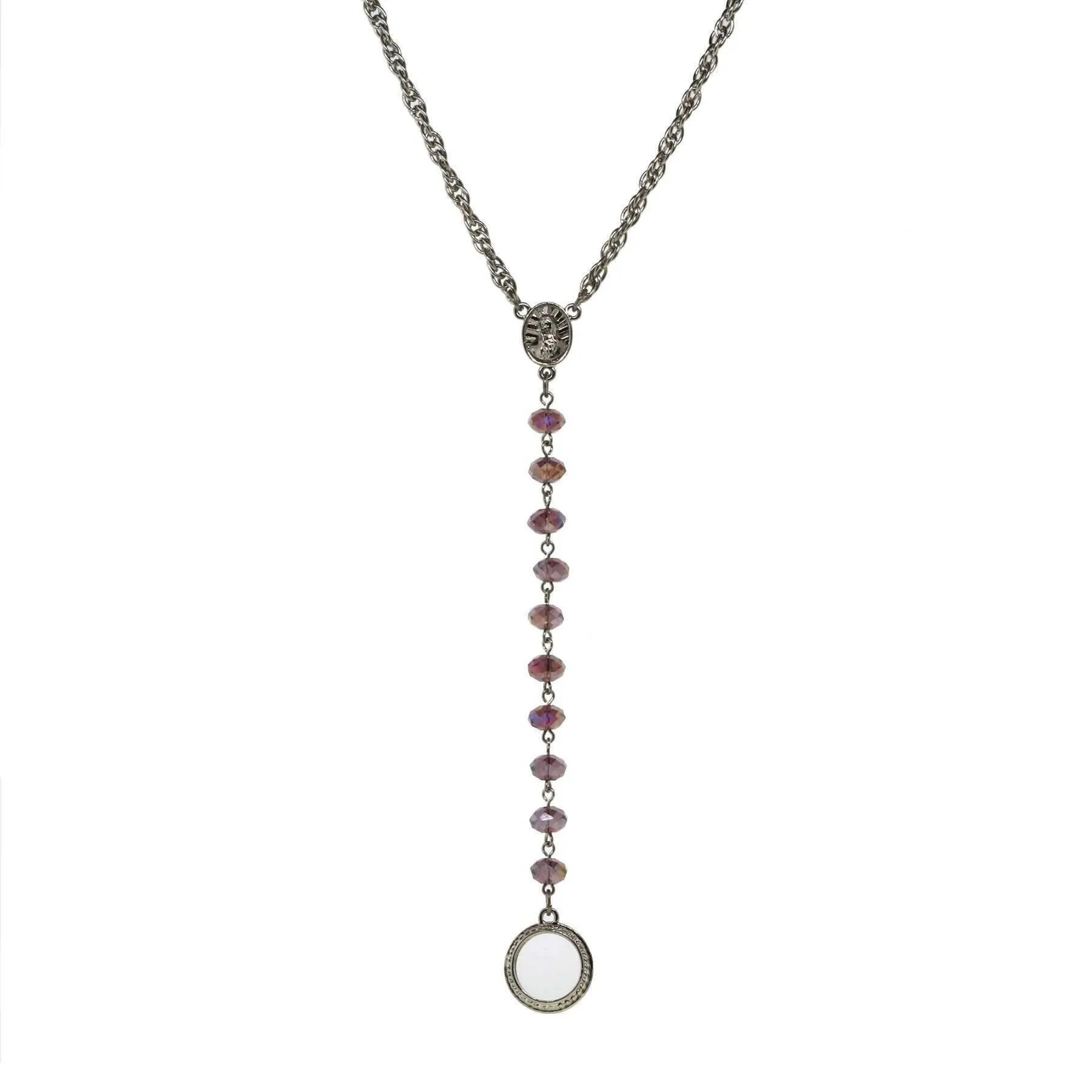 Symbols Of Faith Mary Medallion Crystal Rosary Badge And Eyeglass Holder Y-Necklace 16"   3" Extender
