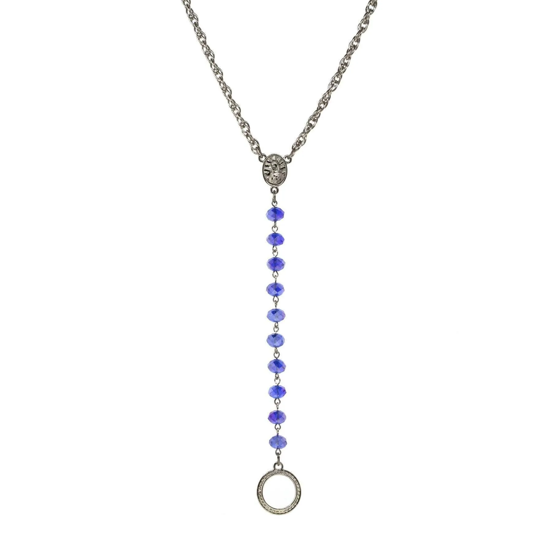 Symbols Of Faith Mary Medallion Crystal Rosary Badge And Eyeglass Holder Y-Necklace 16"   3" Extender