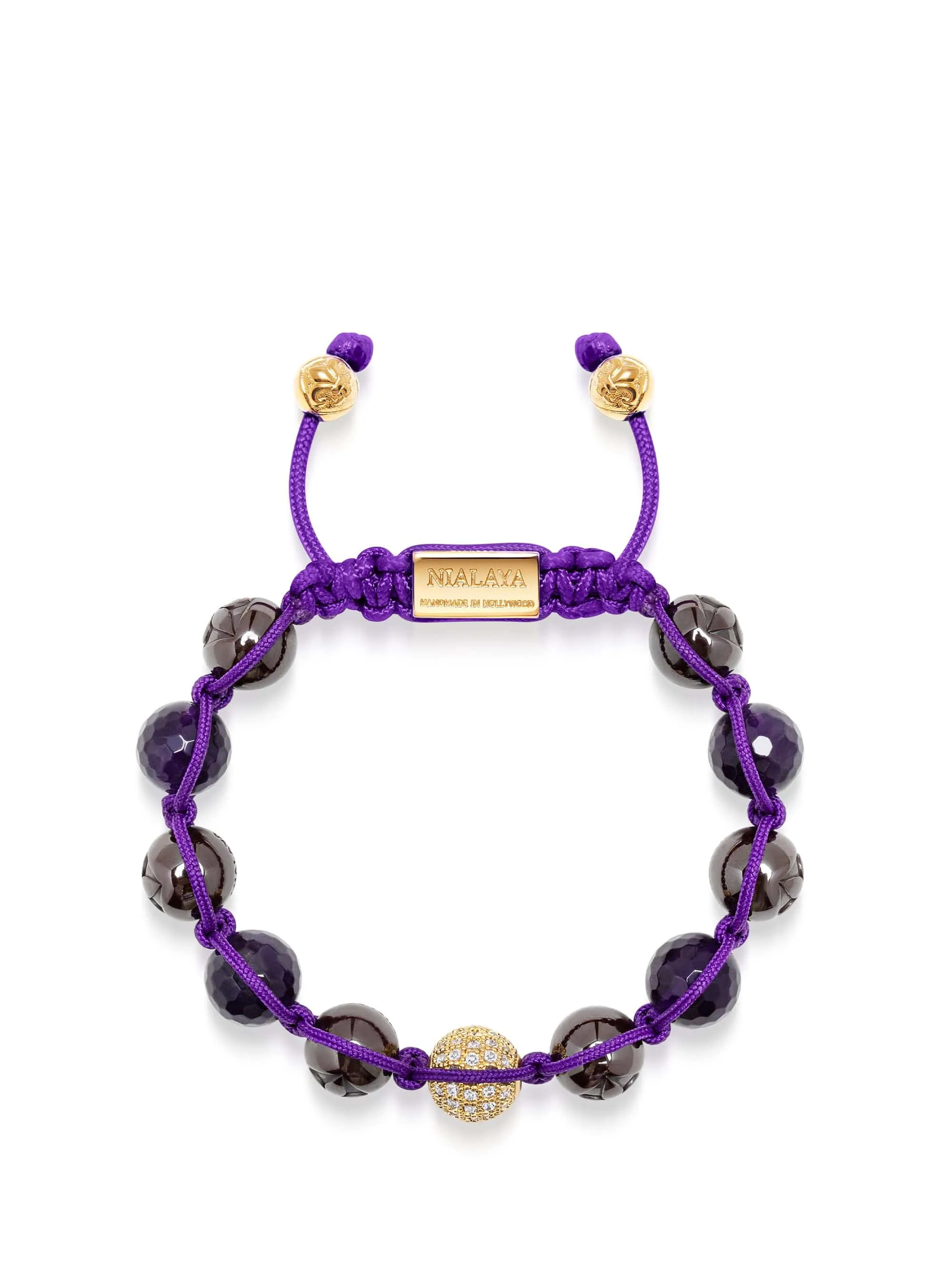 Women's Beaded Bracelet with Faceted Amethyst, Burgundy Ceramic and Gold CZ